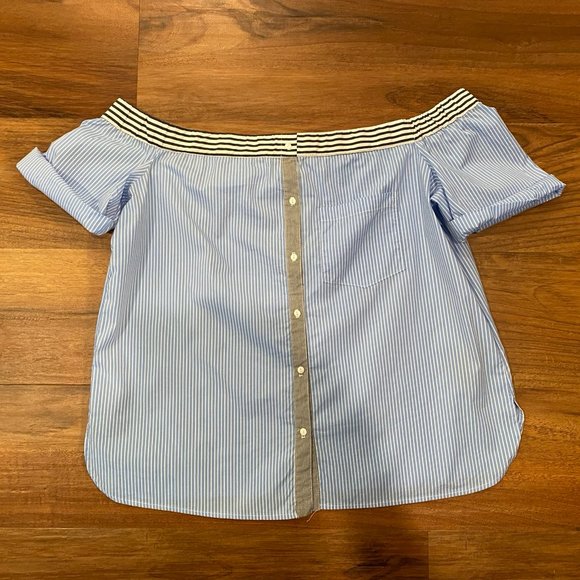 Bebe Off Shoulder Striped Top in Black, White and Blue Size Large - Picture 7 of 9